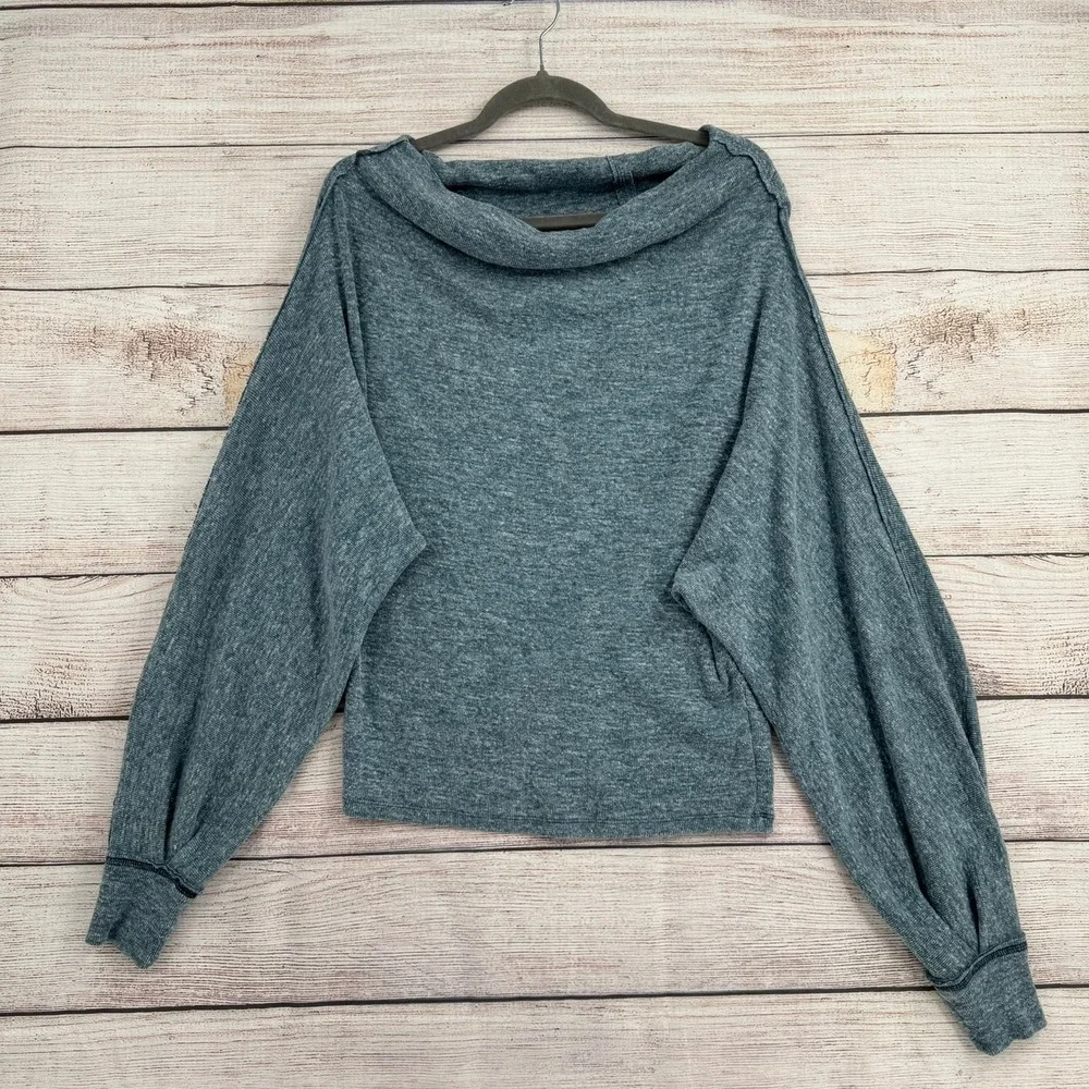We The Free Top Women XS Blue Cowl Neck Dolman Sleeve Heathered Knit